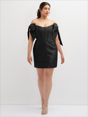 Black satin off-the-shoulder corset mini dress with structured puff sleeves