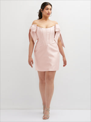 Satin off-the-shoulder bow corset mini dress with draped sleeves, pale blush pink