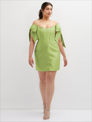 Lime green satin off-the-shoulder bow corset mini dress with short skirt