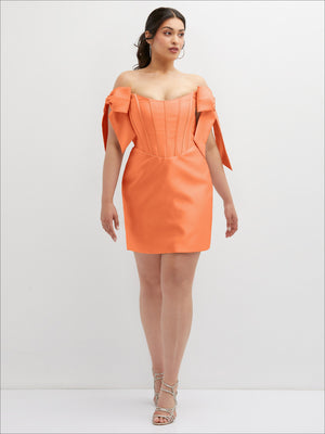 Orange satin off-the-shoulder bow corset fit-and-flare mini dress with ribbon straps