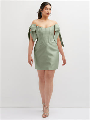 Sage green satin off-the-shoulder bow corset mini dress with short flared skirt