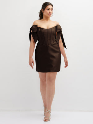 Black satin off-the-shoulder bow corset mini dress with draped shoulder ties