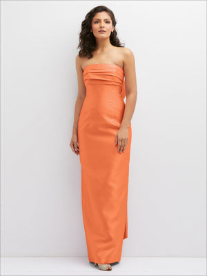 Peach orange strapless satin column dress with draped bodice and side slit