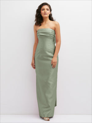 Strapless draped column dress in sage green with gathered bodice and front slit