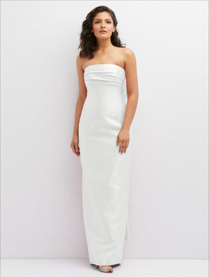 Strapless draped column dress in ivory, sleeveless with side slit