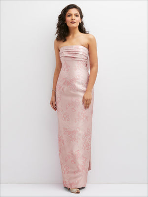 Blush pink strapless column dress with draped bodice and floral print