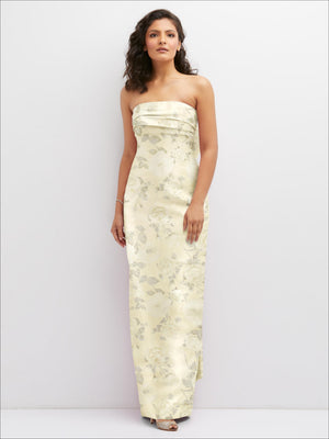 Floral strapless draped column dress in pale yellow with gathered sweetheart neckline
