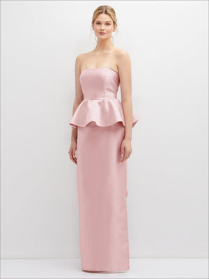 Strapless satin maxi dress in blush pink with strapless bodice and ruffle peplum