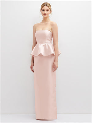 Strapless satin maxi dress in blush pink with cascade ruffle peplum