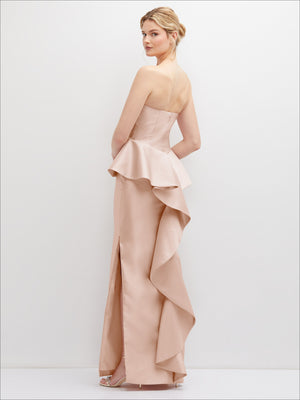 Blush strapless satin maxi dress with cascading ruffle peplum and high-slit skirt