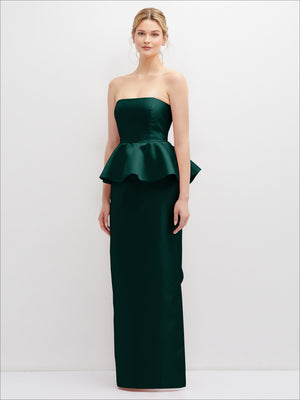 Dark green strapless satin maxi dress with cascading ruffle peplum detail
