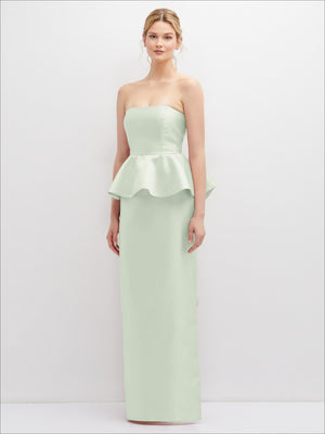 Strapless satin maxi dress in pale mint green with peplum ruffle and smooth skirt