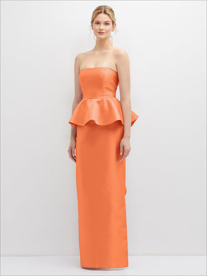 Orange strapless satin maxi dress with cascading peplum ruffle detail