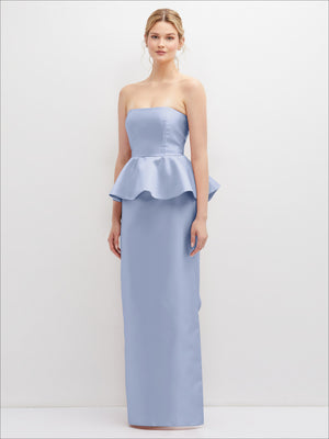 Strapless satin maxi dress in periwinkle, peplum ruffle top and smooth long skirt
