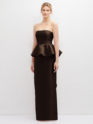 Black strapless satin maxi dress with cascading ruffle peplum detail, fitted bodice