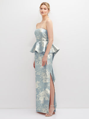 Floral strapless satin maxi dress in porcelain blue with cascade ruffle peplum and side slit