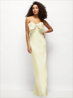 Strapless satin column maxi dress in ivory cream with large bow at bust