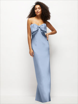 Light blue strapless satin column maxi dress, oversized bow detail on bodice
