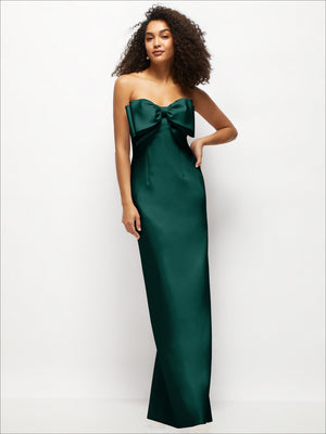 Teal strapless satin column maxi dress with oversized bow at the top