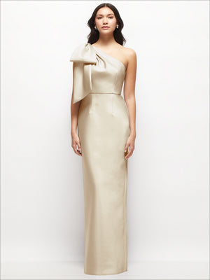 Ivory one-shoulder satin maxi dress with oversized draped bow detail and slim column fit
