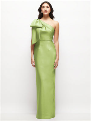 Sage green satin one-shoulder column maxi dress with oversized bow detail at shoulder