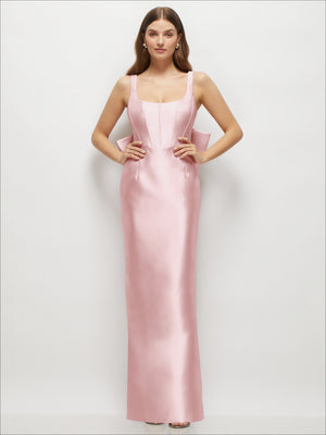Satin corset maxi dress with scoop neck, dusty rose pink satin, front view slim fit