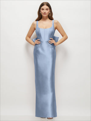 Satin corset maxi dress in light blue, sleeveless scoop neck and long straight hem