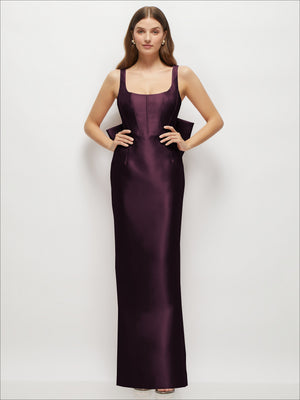Deep plum satin corset maxi dress with square neckline and sleeveless straps