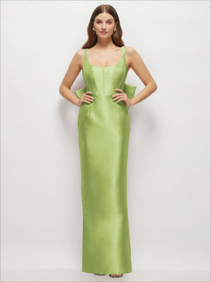 Scoop-neck satin corset maxi dress with spaghetti straps, floor-length hem, light green.