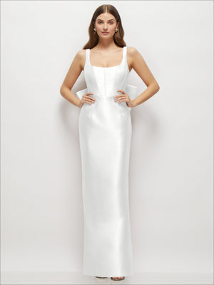White satin corset maxi dress with square neckline, sleeveless, front view