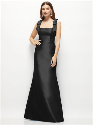 Black satin fit-and-flare maxi dress with square neckline and shoulder bow ties