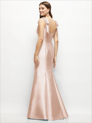 Blush satin fit-and-flare maxi dress, open back with shoulder bow ties