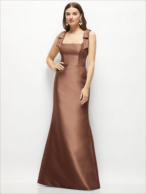 Satin fit-and-flare maxi dress front, sleeveless square neck with shoulder bow straps, brown