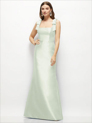 Satin fit-and-flare maxi dress with shoulder bows, mint green, sleeveless