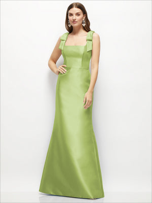 Satin fit-and-flare maxi dress with shoulder bows, light green, sleeveless