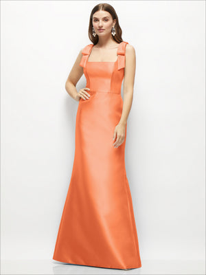 Coral satin fit-and-flare maxi dress with bow shoulder straps and square neckline