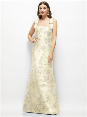Floral satin fit-and-flare maxi dress in cream with subtle floral print and bow shoulder straps