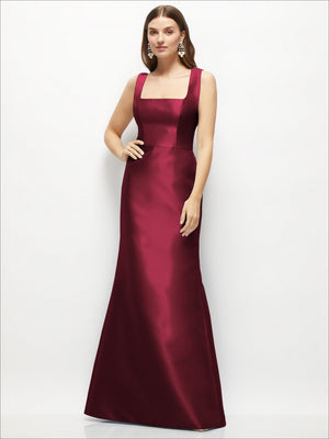 Burgundy satin square-neck fit-and-flare maxi dress, sleeveless with flared skirt