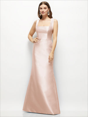 Satin square-neck fit-and-flare maxi dress in champagne-beige, sleeveless with fitted bodice