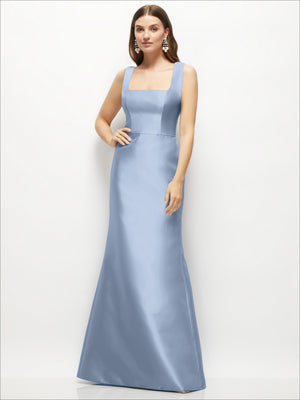 Blue satin square-neck sleeveless fit-and-flare maxi dress with front seam details