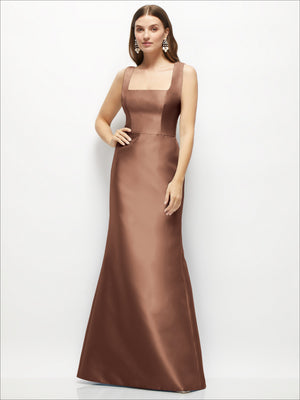 Satin square-neck fit-and-flare maxi dress, sleeveless, dark brown satin sheen