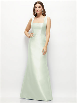 Mint satin square-neck fit-and-flare maxi dress, sleeveless with sleek, draped skirt
