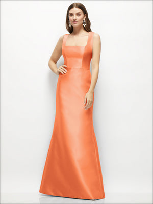 Orange satin square-neck fit-and-flare maxi dress, sleeveless fitted bodice and flared hem