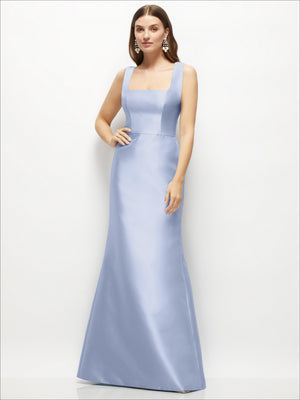 Blue satin square-neck sleeveless fit-and-flare maxi dress with straight waistband seam