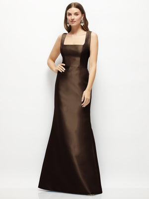 Dark satin square-neck sleeveless maxi dress with fit-and-flare silhouette