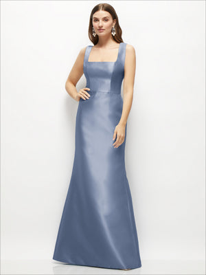 Powder blue satin square-neck fit-and-flare maxi dress, sleeveless