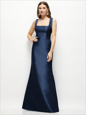Satin square-neck fit-and-flare maxi dress, sleeveless, deep navy, front view