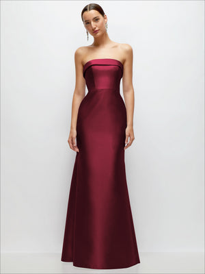 Burgundy strapless satin trumpet gown with straight bandeau neckline and flared skirt