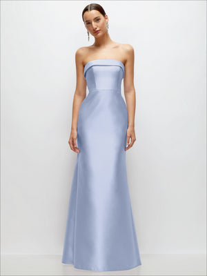 Powder blue satin strapless trumpet gown with smooth bodice and flared skirt