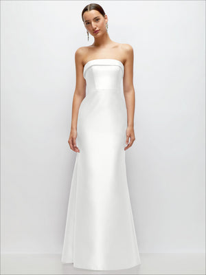 White satin strapless trumpet gown, front view with banded neckline and flared hem